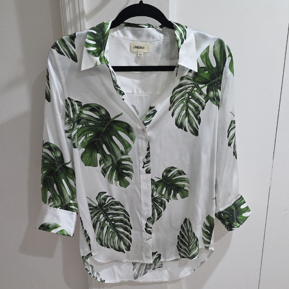L'AGENCE White and Green Leaf Print Blouse